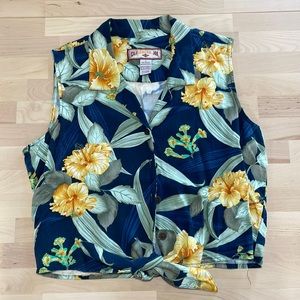 Navy and Yellow Floral Cropped Tie-Waist Hawaiian Shirt